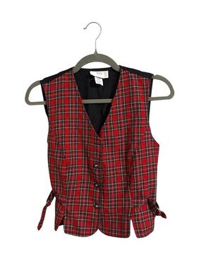 Vintage 90s Red Plaid Button Up Vest Size 6 Petite Missing Button